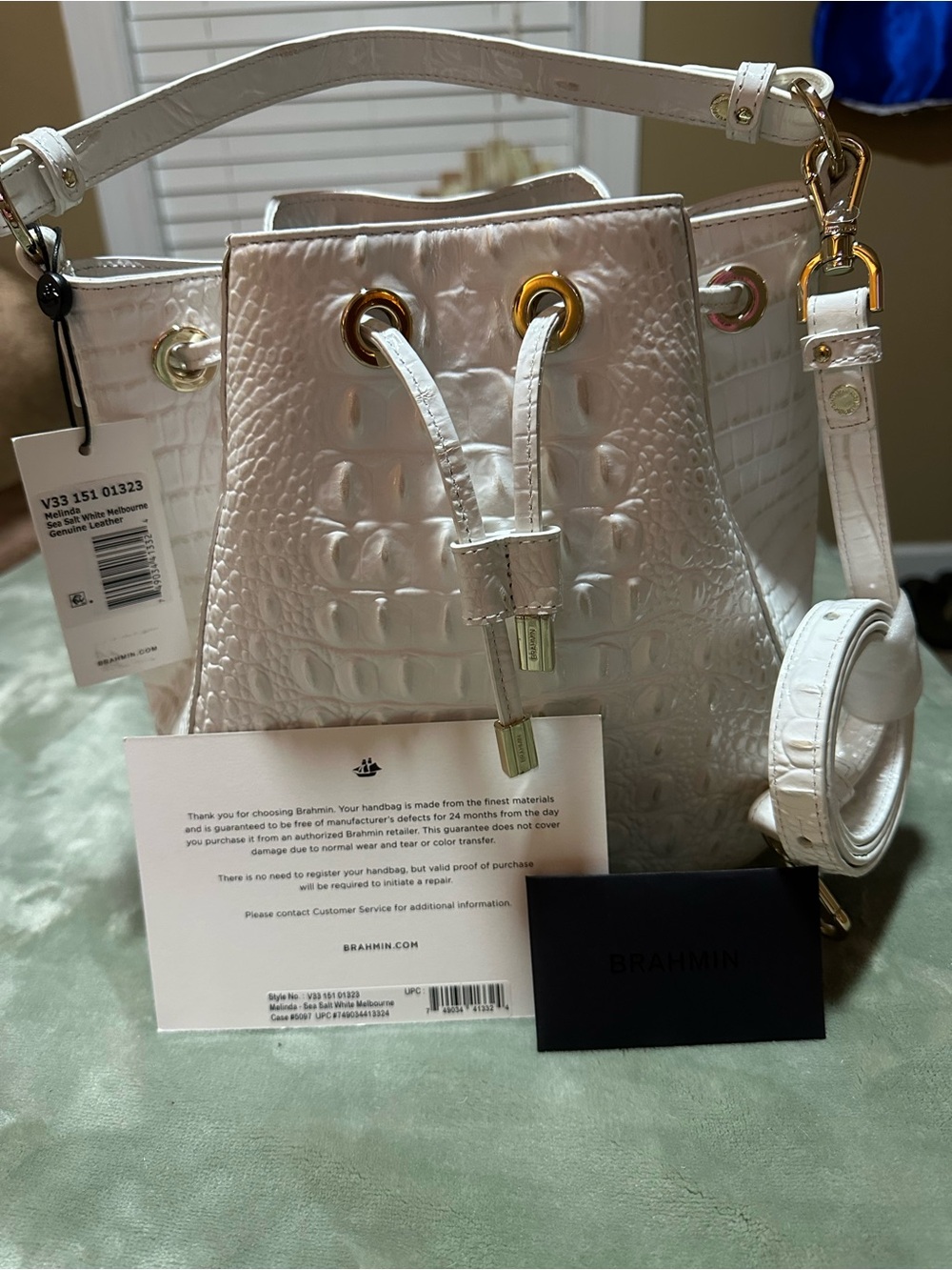Brahmin White Croc-Embossed Leather Drawstring Bucket Bag